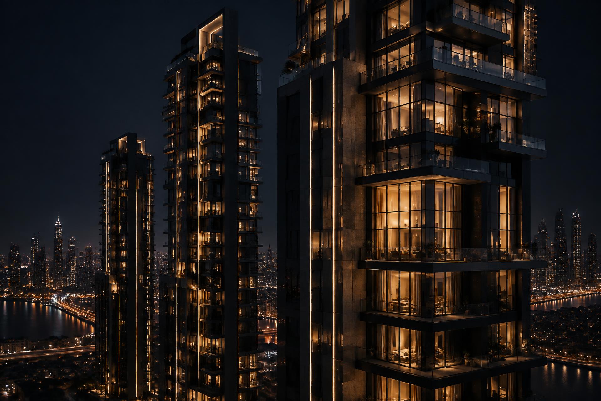 Torres residenciales iluminadas al anochecer